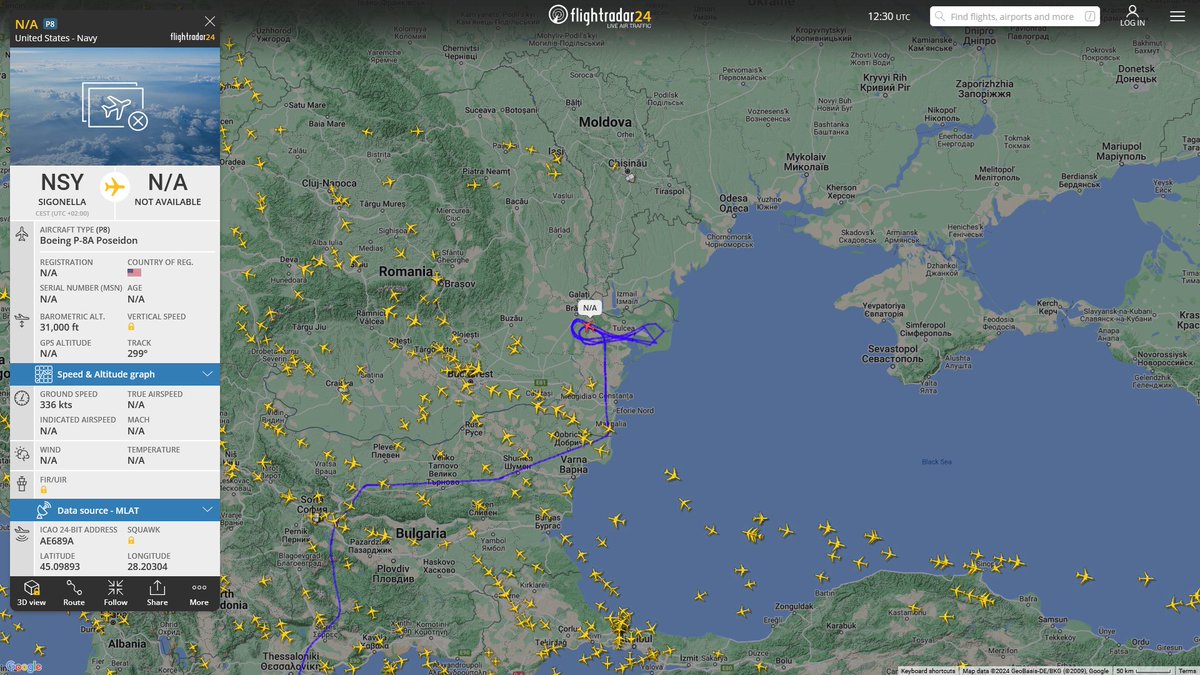 AIYeyENGDdJkjTr's tweet photo. Oct. 18, 2024
#Naval Air Station Sigonella #Județul Constanța &amp; Județul Tulcea, Romania #Black Sea Coast

#NoCALLSIGN #AE689A USN P-8A Poseidon https://t.co/RVAgrX8jsQ