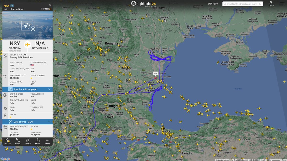 AIYeyENGDdJkjTr's tweet photo. Oct. 18, 2024
#Naval Air Station Sigonella #Județul Constanța &amp; Județul Tulcea, Romania #Black Sea Coast

#NoCALLSIGN #AE689A USN P-8A Poseidon https://t.co/RVAgrX8jsQ