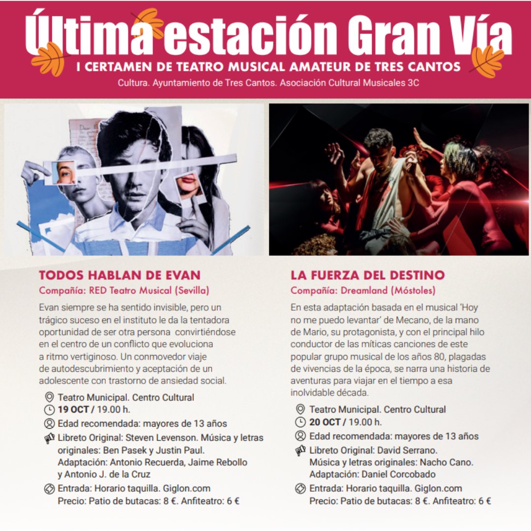ayto3cantos's tweet photo. Arranca el primer Certamen de Teatro Musical Amateur de Tres Cantos ‘Última estación Gran Vía’ 🎶

👉 Ente las 23 propuestas recibidas, el comité de selección ha elegido cuatro finalistas que el público tricantino podrá disfrutar a lo largo de dos fines de semana https://t.co/uRlmR2xLCZ