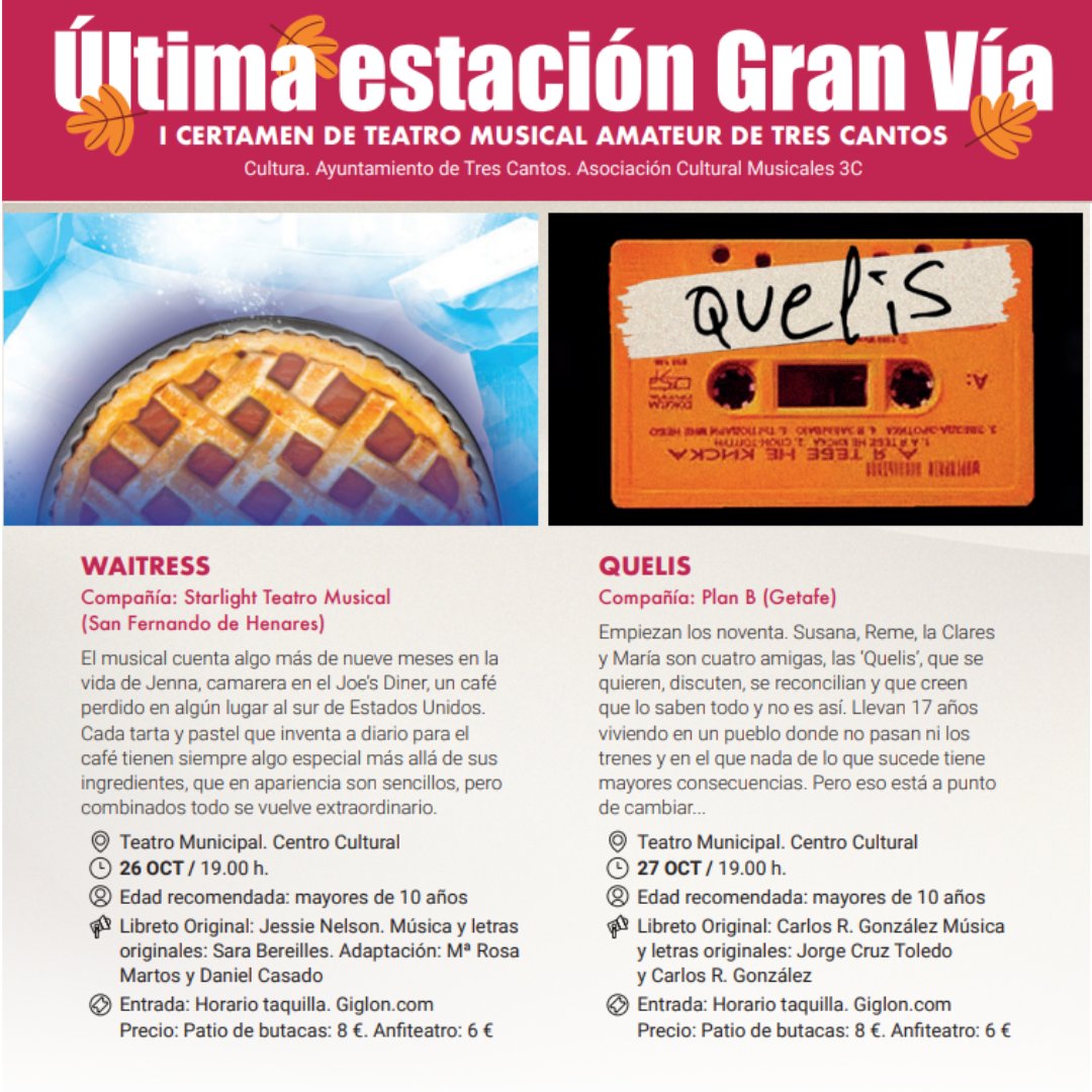 ayto3cantos's tweet photo. Arranca el primer Certamen de Teatro Musical Amateur de Tres Cantos ‘Última estación Gran Vía’ 🎶

👉 Ente las 23 propuestas recibidas, el comité de selección ha elegido cuatro finalistas que el público tricantino podrá disfrutar a lo largo de dos fines de semana https://t.co/uRlmR2xLCZ