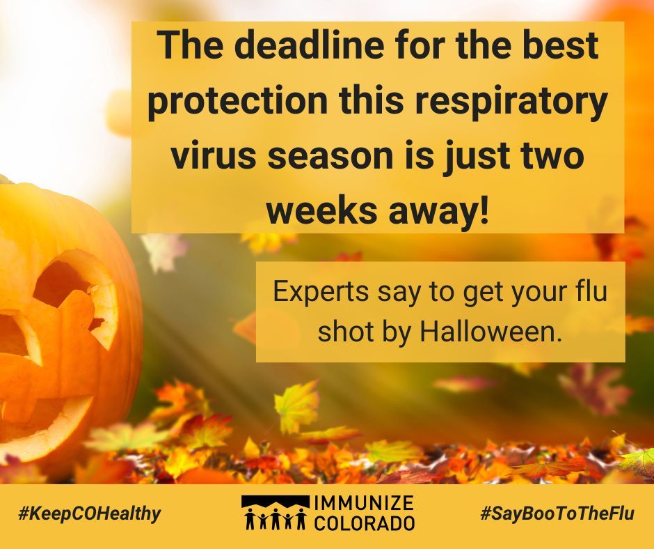ImmunizeCO's tweet photo. Halloween is fast approaching! So are viruses like flu, COVID-19, and RSV! Get vaccinated now to ensure you've got the best protection throughout this respiratory virus season. 
#KeepCOHealthy #SayBooToTheFlu https://t.co/TAPovJ17XE