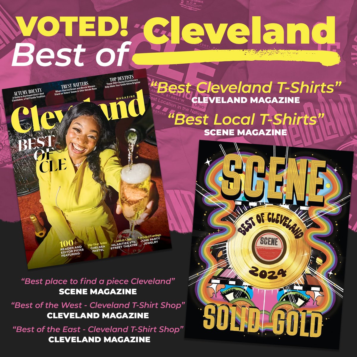 CLECLOTHINGCO's tweet photo. Thank you, Cleveland! 🏆 We're honored to be voted "Best Cleveland T-shirt" & "Best Local T-shirt Company" in the #BestofCleveland awards! Huge thanks to our amazing fans & incredible team. We couldn't do it without you! 🙌 #CLE #ClevelandPride #CLEClothingCo https://t.co/KAOwS6zRGC