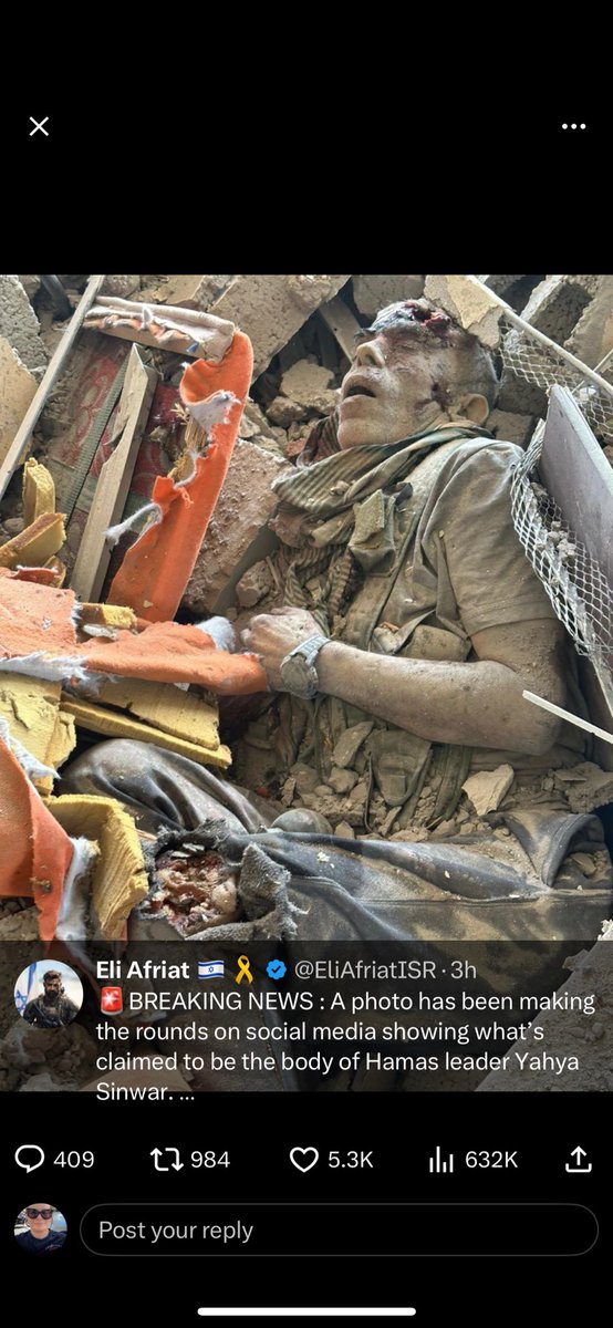 NewsMediaFilms's tweet photo. Sinwar, architect of the October 7 massacre, is dead. https://t.co/36QIegov9Z