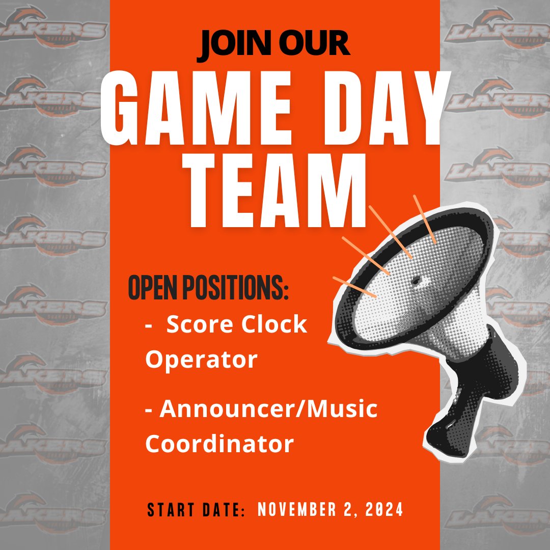 🏒join the Okanagan Lakers' game-day team! We're looking for a Score Clock Operator and an Announcer/Music Coordinator starting November 2nd. 🎤⏱️
Contact Tyler Young at tyoung@okanaganlakers.com for more information.
 #OkanaganLakers #GameDayTeam #WeAreHiring #HockeyJobs #BCIHL