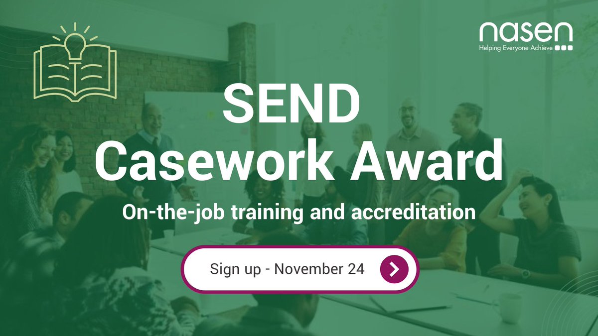 nasen_org's tweet image. 📢 SEND Casework Award - November 2024 🎓
Join our next cohort! Enhance your SEND casework skills with this BTEC qualification.

📅 Starts: 26th Nov
💻 Format: 9 live online sessions
💼 Cost: £1295

Perfect for #LocalAuthority &amp;amp; #IASS staff.
Find out more: ow.ly/VBMq50TMyiG