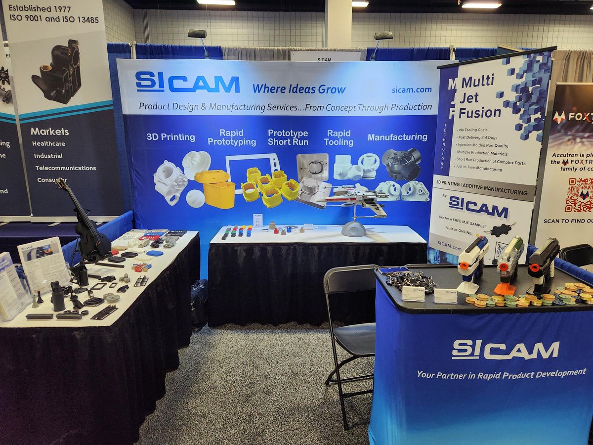 SICAM booth in the quiet of the morning before attendees arrived. We're excited about all the people we've met at the Region’s Largest Design &amp; Contract Manufacturing Trade Show! #D2PMA2024 Marlborough #engineering #mjf #3dprinting