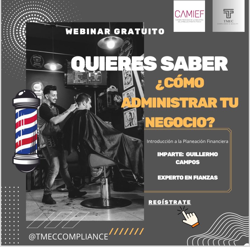TMECCompliance's tweet photo. 💈 #CursoGratuitoOnline dirigido a #emprendedores e interesados de la industria del #EmbellecimientoFísico cómo salones de belleza, barberías, SPA, estéticas, peluquerías, etc.
#Certificación #NMXR085 #BellezayEstilo 

📅 Viernes 18-oct. 🕚 11 h - 13 h
📝 https://t.co/f0LRqr207r https://t.co/0vyFncol22