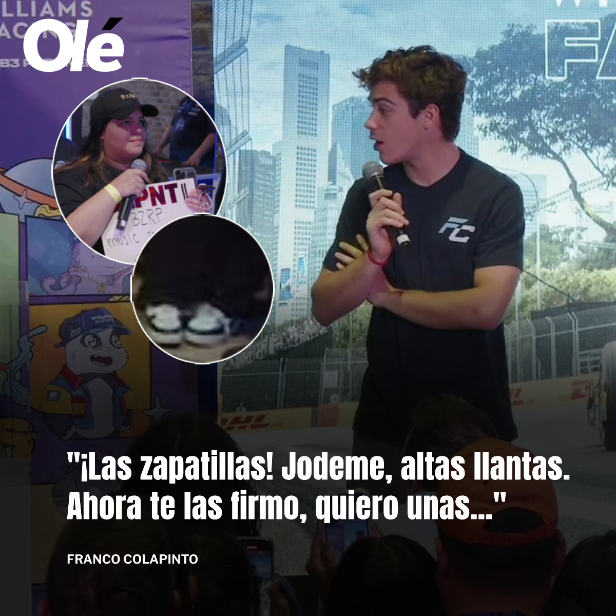 DiarioOle's tweet photo. 😅 "QUIERO UNAS, TIENEN PLATAFORMAS, YO QUE SOY MEDIO ENANO…", el chiste de Colapinto en el Fan Fest de Williams a una seguidora del piloto argentino 🇦🇷🏎️ https://t.co/cJ4DRDnOpp