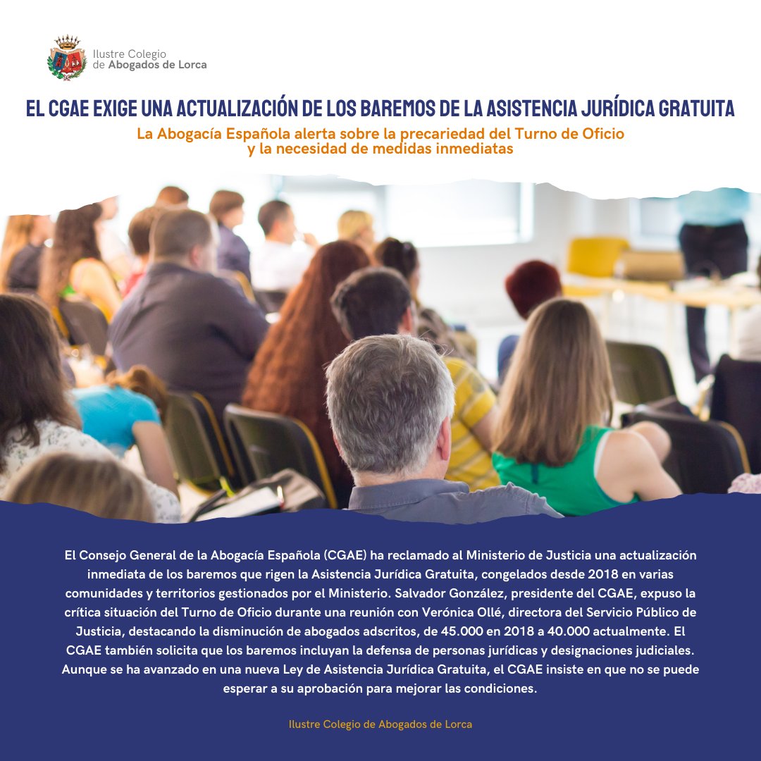 icalorca's tweet image. La Abogacía Española pide al Ministerio una urgente actualización de los baremos de la Asistencia Jurídica Gratuita ⚖️, vigente desde 2018. Es esencial para mantener el servicio y garantizar el acceso a la justicia en varias comunidades 📜.