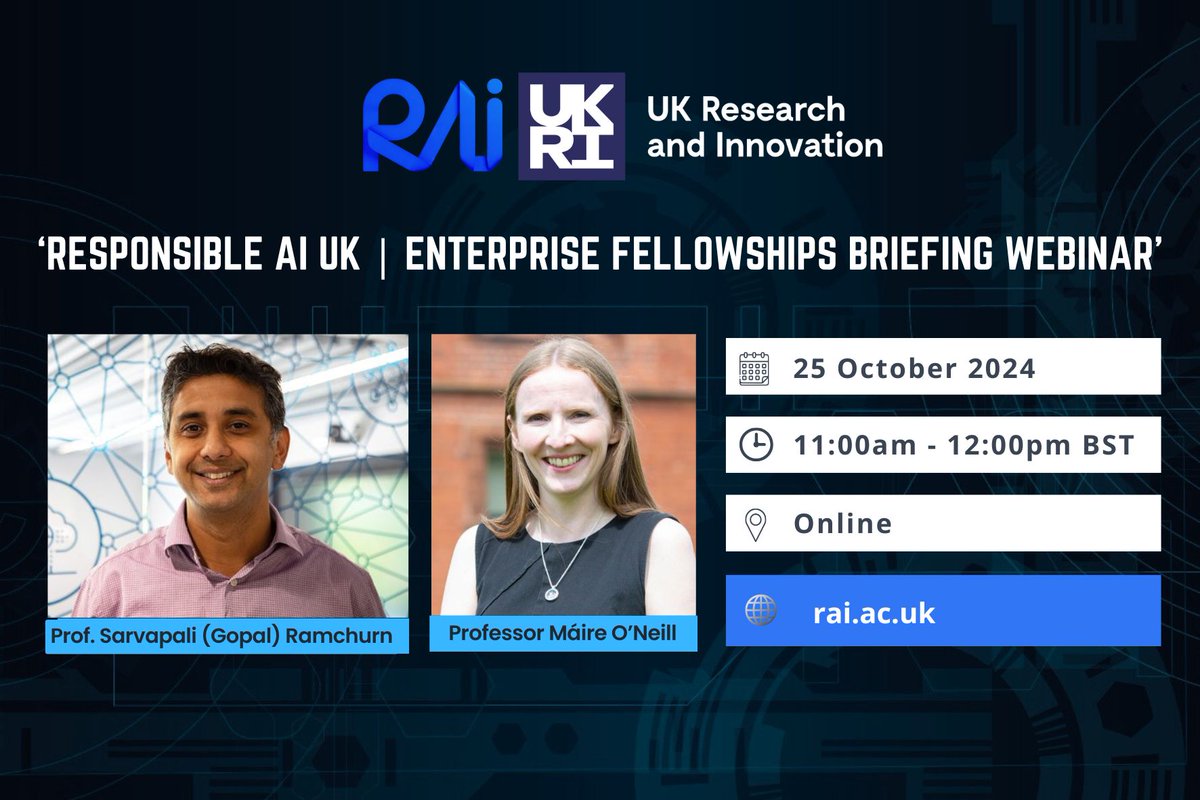 Responsible Ai UK (@responsibleaiuk) on Twitter photo 📢Don't miss the <a href="/responsibleaiuk/">Responsible Ai UK</a> Enterprise Fellowships Briefing #Webinar, to learn from <a href="/gramchurn/">Gopal Ramchurn</a> and <a href="/mairemcloone/">Maire O’Neill</a> how these fellowships will help shape the future of #ResponsibleAI
🗓️ 25 Oct 2024
⏰ 11:00 AM - 12:00 PM BST
🔗 Register now: rai.ac.uk/events/rai-uk-…
#funding 📢Don't miss the <a href="/responsibleaiuk/">Responsible Ai UK</a> Enterprise Fellowships Briefing #Webinar, to learn from <a href="/gramchurn/">Gopal Ramchurn</a> and <a href="/mairemcloone/">Maire O’Neill</a> how these fellowships will help shape the future of #ResponsibleAI
🗓️ 25 Oct 2024
⏰ 11:00 AM - 12:00 PM BST
🔗 Register now: rai.ac.uk/events/rai-uk-…
#funding