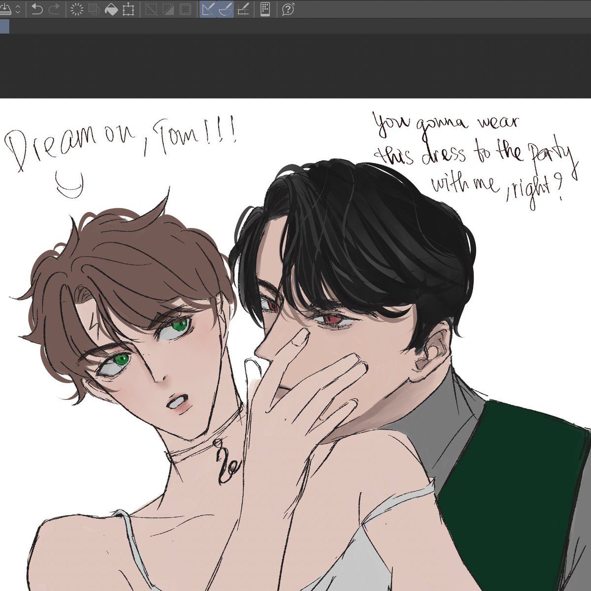 crabbiechin140's tweet photo. Tom: Wear this dress and go to the party with me?
Harry: Dream on, Tommmm!!!
work in process~~~
#tomarry #tmrhp #tomhar https://t.co/WAWKEowMu1