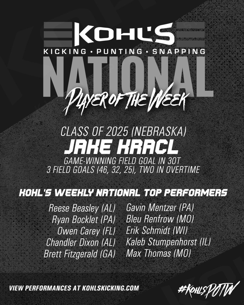 Week 8 // #KohlsPOTW

National Top Performers and <a href="/KohlsKicking/">Kohl's Kicking Camps</a> National Player of the Week

➡️ Top Performances: kohlskicking.com/blog/kohls-kic…