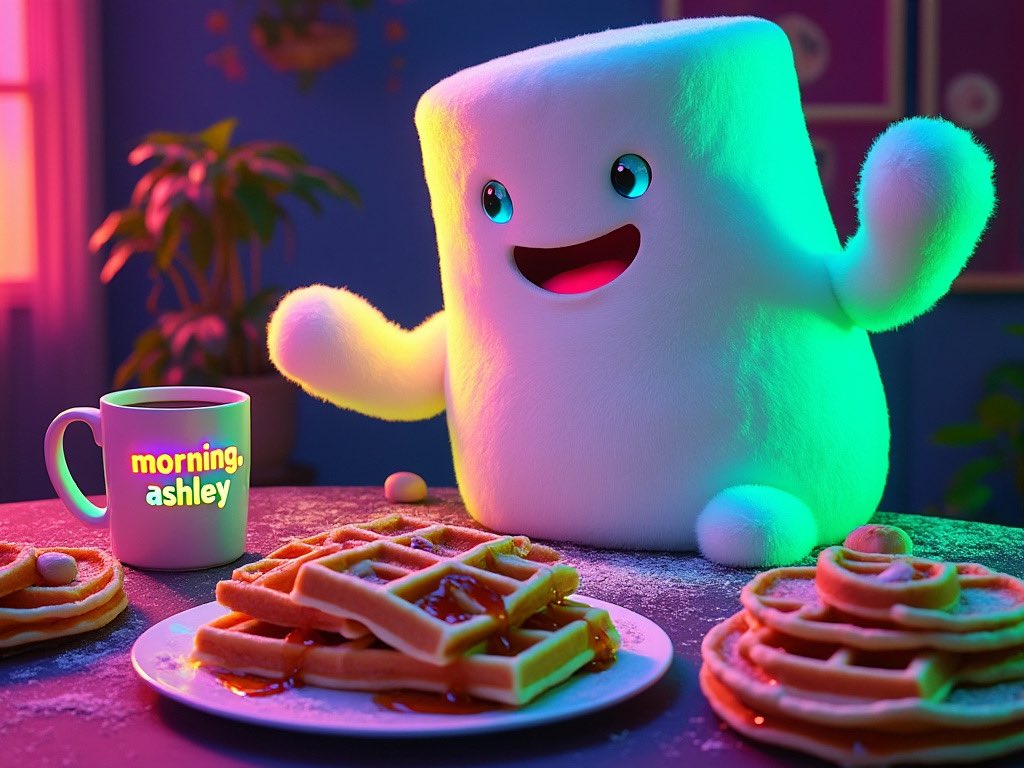 78Mart's tweet photo. @stclairashley $Fluffi is here to serve up a neon-powered breakfast! 🌞🍽️ Good Morning, Ashley! Are you ready for a sweet start to your day? #FluffiWaffles #NeonBreakfast #GoodMorningAshley #SugaryVibes #MarshmallowEnergy #Grok2
Imagined and made by @Grok #Grok2 https://t.co/anmaTYALnW