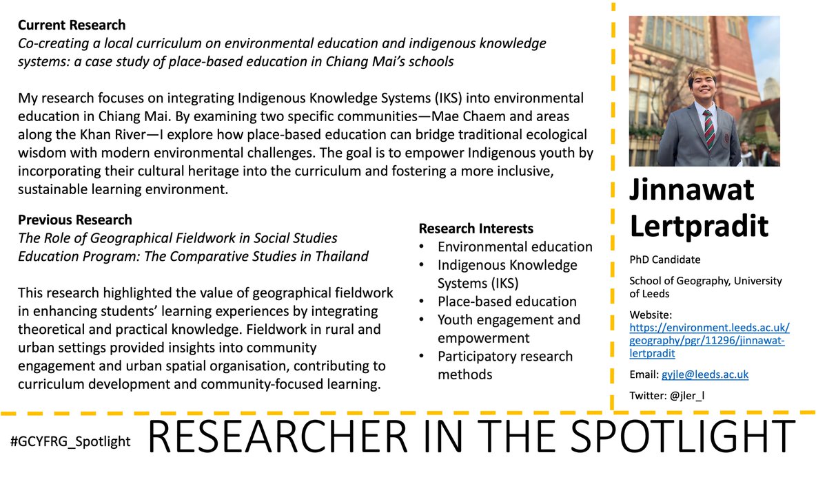 GCYFRG (RGS-IBG) (@gcyfrg) on Twitter photo Introducing our latest #GCYFRG_Spotlight <a href="/jler_l/">Jinnawat Lerpradit š</a>, based at <a href="/UniversityLeeds/">University of Leeds</a>.
His research explores co-creating a local curriculum on environmental education and Indigenous knowledge systems in Chiang Maiās schools.
See his full profile here: gcyfrg.wixsite.com/gcyfrg/researc⦠Introducing our latest #GCYFRG_Spotlight <a href="/jler_l/">Jinnawat Lerpradit š</a>, based at <a href="/UniversityLeeds/">University of Leeds</a>.
His research explores co-creating a local curriculum on environmental education and Indigenous knowledge systems in Chiang Maiās schools.
See his full profile here: gcyfrg.wixsite.com/gcyfrg/researcā¦