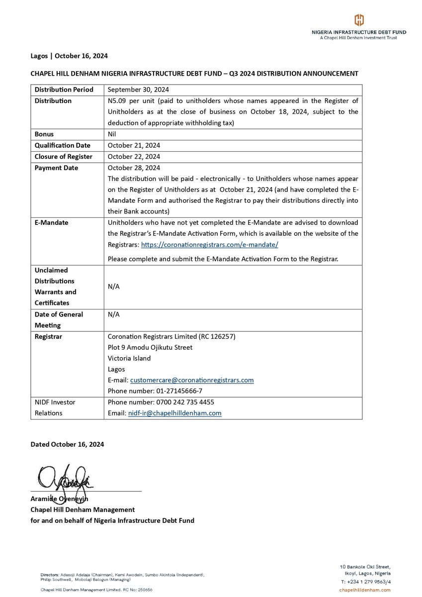 fandacapitalltd's tweet photo. 📢 Chapel Hill Denham Nigeria Infrastructure Debt Fund announces a distribution of N5.09 per unit for Q3 2024, payable on October 28—unitholders, ensure your E-Mandate is activated! #NIDF #InvestmentOpportunity  #ChapelHillDenham #Infrastructure   #dividend #FinanceNews https://t.co/kexVNAYQDO