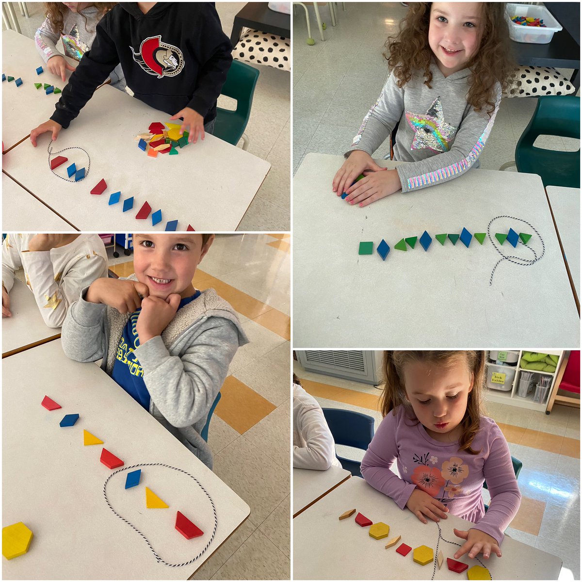 mrs_dalrymple17's tweet photo. Creating patterns with a variety of pattern blocks during math today. The students needed to have a core of at least 3 pieces. #ocsbMath #ocsbMathUp @StMaryOCSB https://t.co/xC23q3DhdZ