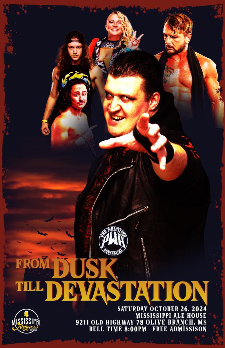 PWAdrenaline's tweet photo. A week from Saturday!
FREE ADMISSION!

Don’t miss us next Saturday as we bring you “From Dusk Till Devastation” at 8pm!

Location: Mississippi Ale House, Olive Branch, MS
#PWAdrenaline #PWAFDTD https://t.co/qBSnAq1zgp