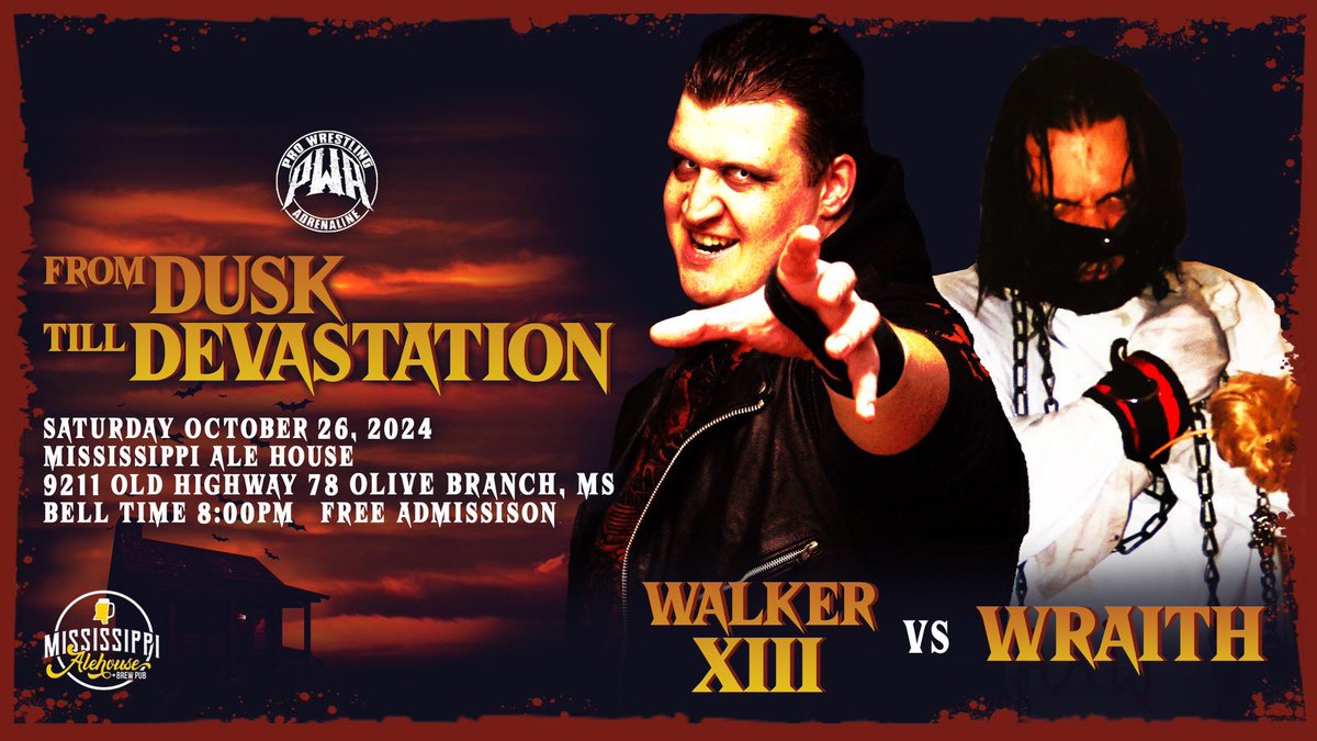 PWAdrenaline's tweet photo. A week from Saturday!
FREE ADMISSION!

Don’t miss us next Saturday as we bring you “From Dusk Till Devastation” at 8pm!

Location: Mississippi Ale House, Olive Branch, MS
#PWAdrenaline #PWAFDTD https://t.co/qBSnAq1zgp