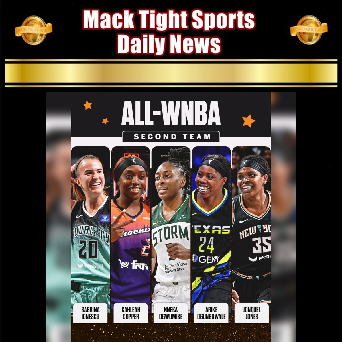 MackTightRadio's tweet photo. The #WNBA announced it’s #AllWNBAFirstTeam ❌ #AllWNBASecondTeam 👀 - #MackTightRadio 📻 #Ready2LearnShow 🧐 [Watch #MackTightTV On #RokuTV ❌ #FireTV On Channel #MackTight ❌ LISTEN TO Mack Tight Radio on https://t.co/Frf2A9SLys] #MackTight 👑 https://t.co/rRuKcJt1wf