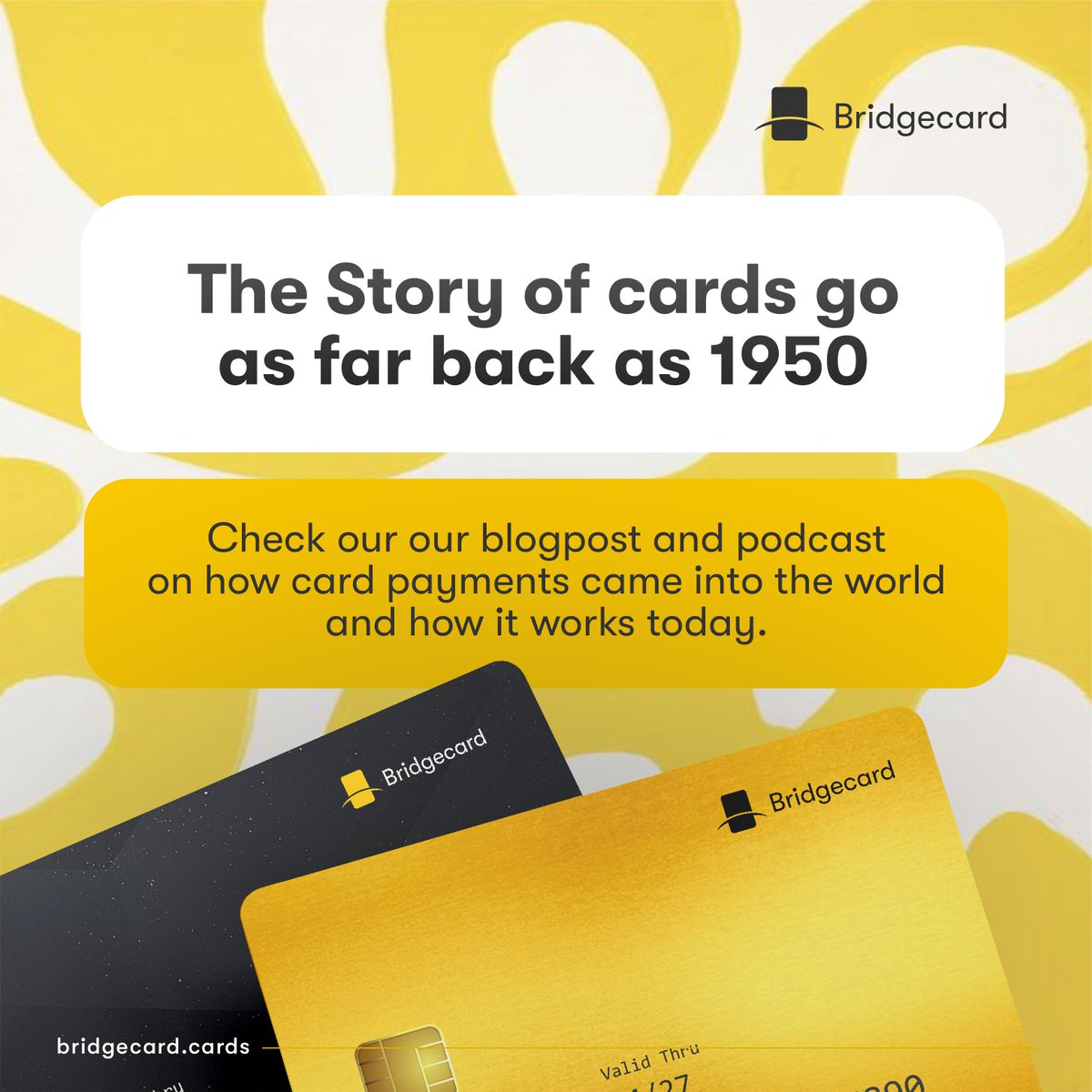 mybridgecard's tweet photo. Did you know card payments started back in 1950? That's almost a century ago! 💳✨

From the first cards to today's payment technology, it's been quite the journey. Get the gist of the history of cards—how they started and how they work today.

Read the blog & listen to the podcast: https://t.co/spvI28Ylua
