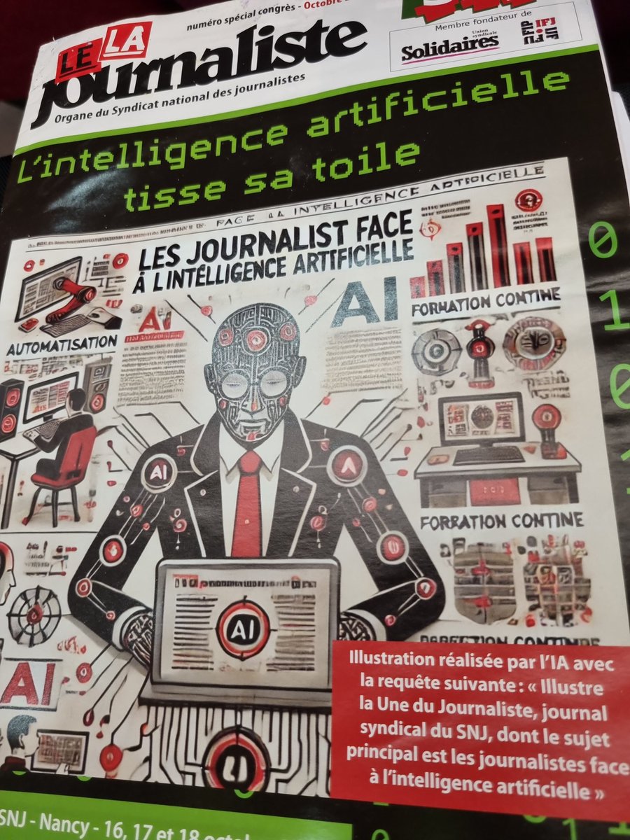 "On se réveille toujours trop tard (...) L'heure n'est pas à la régulation mais à la mobilisation" lance le philosophe Eric Sadin à la tribune du congrès du SNJ, sur le dossier de l'intelligence artificielle et ses dangers 
#IA 🤖