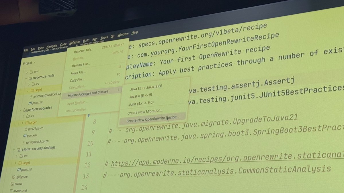 We, JavaBin Oslo, have <a href="/TimteBeek/">Tim te Beek</a> telling about <a href="/OpenRewrite/">OpenRewrite by Moderne</a> for our community members. Nice to see IntelliJ IDEA having a plugin for it! What I probably liked the most is the ability to mass rewrite legacy code from old outdated libraries.