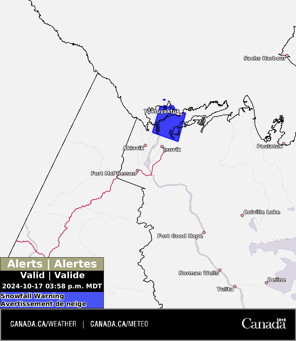 Bands of heavy snow expected tonight /tomorrow near Tuktoyaktuk including the Tuk-Inuvik Hwy. Variable amounts, but 10-15cm likely. Very low visibility &amp; quickly deteriorating conditions can be expected when these bands pass through <a href="/GNWT_INF/">GNWT Infrastructure</a> #NTStorm 

weather.gc.ca