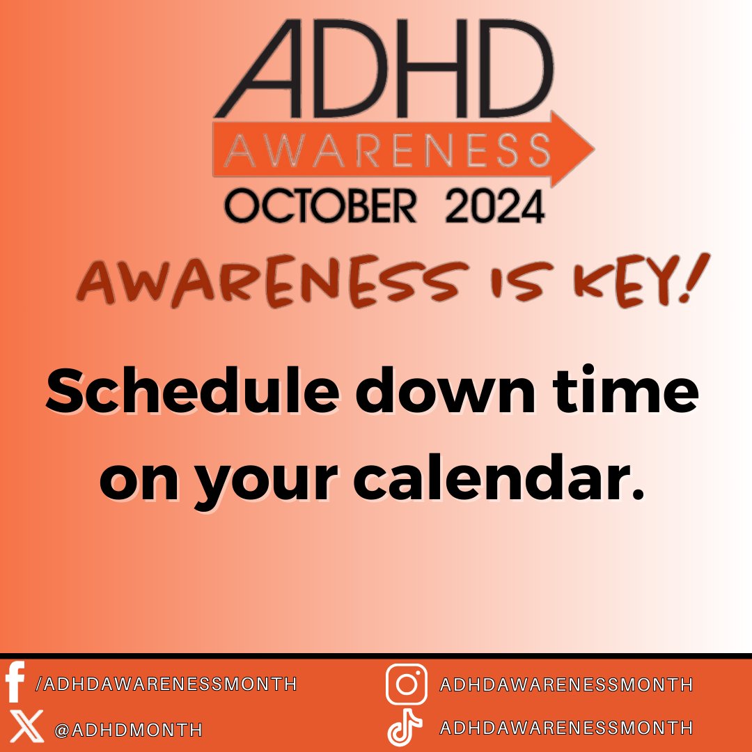 We all need a break! Scheduling time on your calendar and  protecting that time can helphttps://www.adhdawarenessmonth.org/reduce-stress-with-adhd/

#ADHD #ADHDAwarenessMonth #ADHDAwarenessMonth2024 #awarenessiskey #ADHD2024 #calendar #schedule #reducestres #stress #adhdfamily