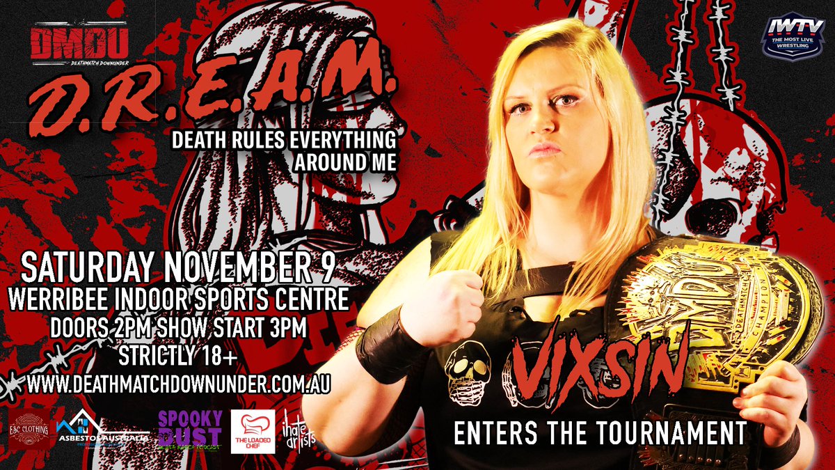 Deathmatch Downunder (@dmdownunder) on Twitter photo 🚨 #DMDUDREAM 4 ENTRANT #3 🚨
THE TWO YEAR REIGNING DMDU WORLD DEATHMATCH CHAMPION <a href="/vixsin86/">ビクシン - Vixsin</a> ENTERS #DMDUDREAM 4!
TICKETS: bit.ly/3Y8uWCl 🚨 #DMDUDREAM 4 ENTRANT #3 🚨
THE TWO YEAR REIGNING DMDU WORLD DEATHMATCH CHAMPION <a href="/vixsin86/">ビクシン - Vixsin</a> ENTERS #DMDUDREAM 4!
TICKETS: bit.ly/3Y8uWCl