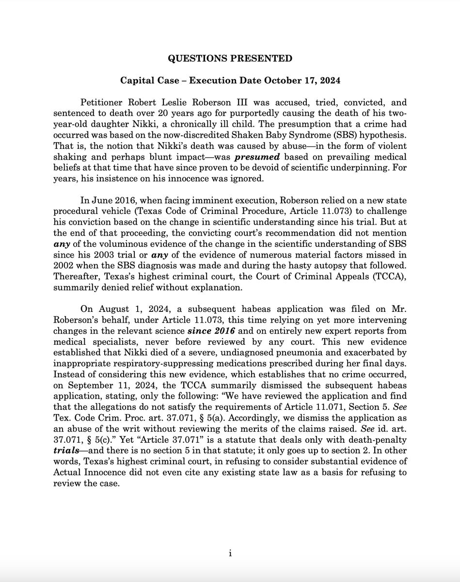RDunhamDP's tweet photo. The petition informs SCOTUS that the Texas courts cited to one irrelevant and another nonexistent statutory provision to create a procedural bar to reviewing new evidence of Mr. Roberson’s innocence. Roberson argues that this newly invented bar violates his due process rights. https://t.co/10nSuMpc5N