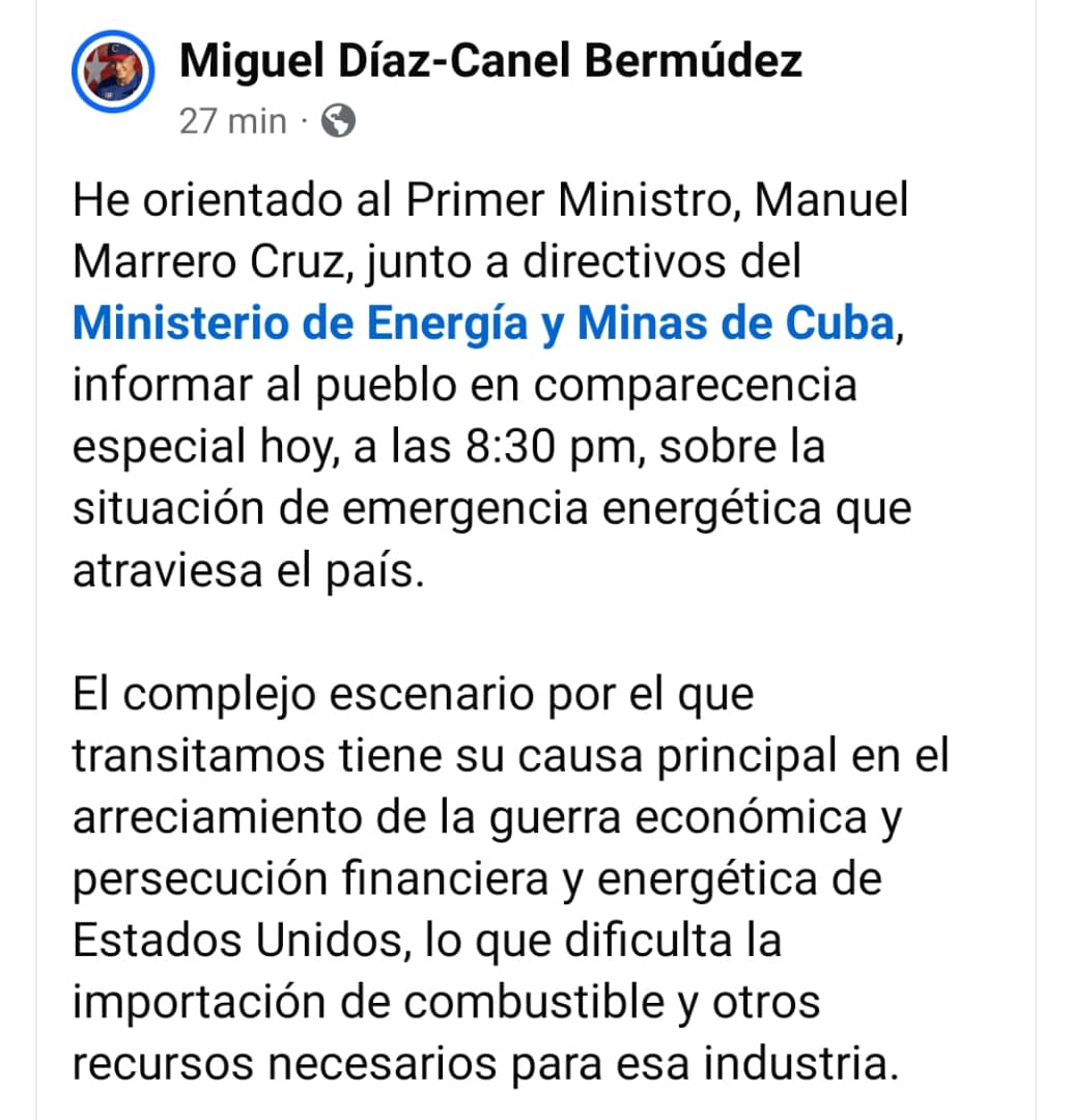 EduardoLopezL65's tweet image. @MMarreroCruz junto a directivos del Ministerio de Energía y Minas de #Cuba , informarán al pueblo en comparecencia especial hoy, a las 8:30 pm, sobre la situación de emergencia energética que atraviesa el país. #YoSigoAMiPresidente @DiazCanelB