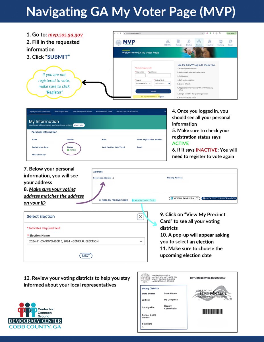 cobbdemocracy's tweet photo. Looking for your sample ballot? Want to know where all your early voting polling locations are⁉️ Use this detailed guide on navigating My Voter Page to answer all your voting related questions! https://t.co/Zc89qt00qJ