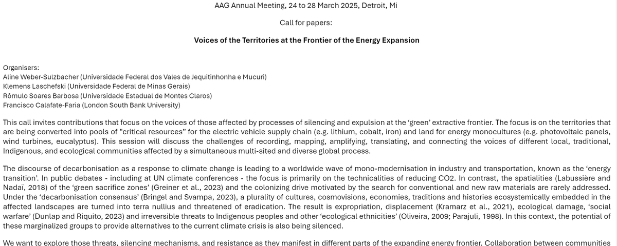 CFP for <a href="/theAAG/">American Association of Geographers</a> 2025 conference on collaborative research with Indigenous and traditional communities facing  'green' energy extactivism. Get in touch if you're interested. shorturl.at/45nom  <a href="/LSBU_LSS/">School of LSS</a> <a href="/EnergyGeography/">Energy Geographies (EnGRG)</a> @AAG_Energy
