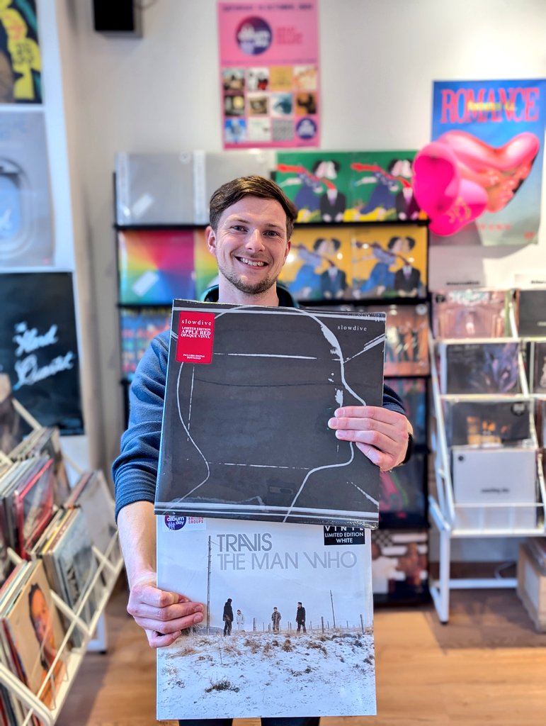 assai_glasgow's tweet photo. The countdown is on for @AlbumDayUK!
Are you ready? Here's Spence & Mathew with some of their top picks from #NationalAlbumDay's including @slowdiveband (red LP), #TheManWho from @TravisBand, #Floodland from @tsomofficial and @Sugababes!
See you Saturday 👋 #glasgow #vinyl https://t.co/xm70htKrk5