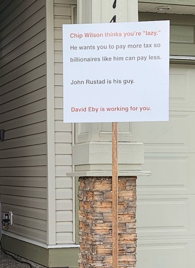 richardzussman's tweet photo. The Chip Wilson sign wars continue. The BC NDP have a new sign. #bcpoli https://t.co/AUha37y6Ky
