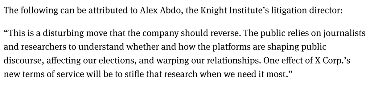 Knight Institute Says X’s New Terms of Service Will Stifle Independent Research. See our full statement from <a href="/AlexanderAbdo/">Alex Abdo</a> below &amp; at the link. knightcolumbia.org/content/knight…
