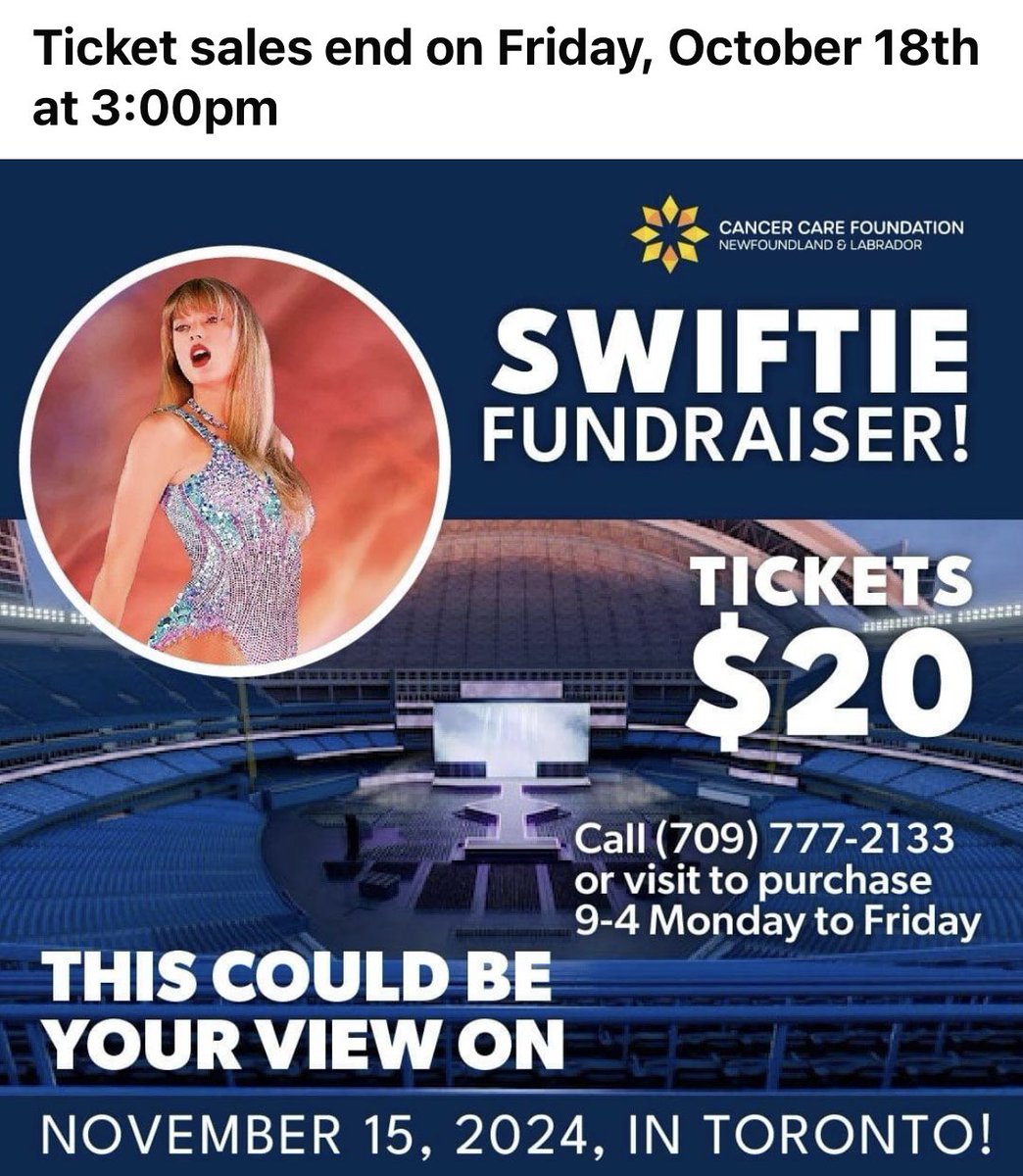 Here's a fun way to support cancer care! Buy a $20 ticket on a chance to win a trip to see Taylor Swift in November. AIRFARE for 2, 2 nights of HOTEL (Nov 14&amp;15) &amp; 2 TICKETS for the Nov 15th show in Toronto! Winner to be drawn Oct 20!
*Must be an NL resident to purchase tickets*
