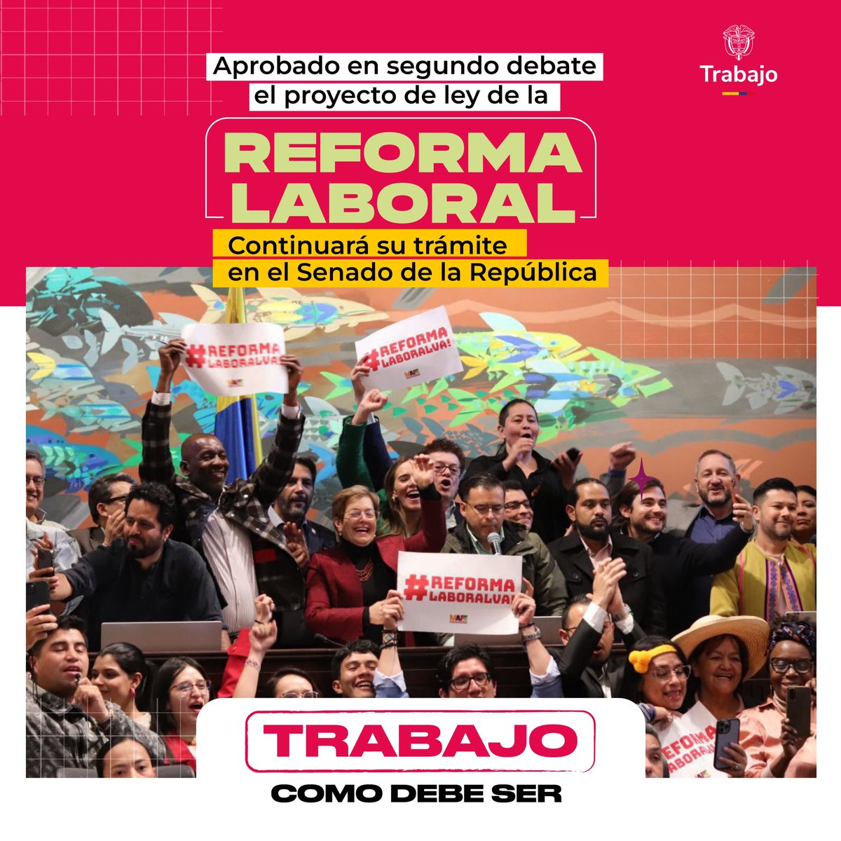 MinTrabajo (@mintrabajocol) on Twitter photo ¡Histórico avance para Colombia! 🇨🇴
La #ReformaLaboral ha sido aprobada en segundo debate por la <a href="/CamaraColombia/">Cámara de Representantes de Colombia</a>. 👏🏽
Cada paso nos acerca a un país más justo y con derechos laborales para los y las trabajadoras.
Seguimos construyendo un futuro con trabajo digno como debe ¡Histórico avance para Colombia! 🇨🇴
La #ReformaLaboral ha sido aprobada en segundo debate por la <a href="/CamaraColombia/">Cámara de Representantes de Colombia</a>. 👏🏽
Cada paso nos acerca a un país más justo y con derechos laborales para los y las trabajadoras.
Seguimos construyendo un futuro con trabajo digno como debe