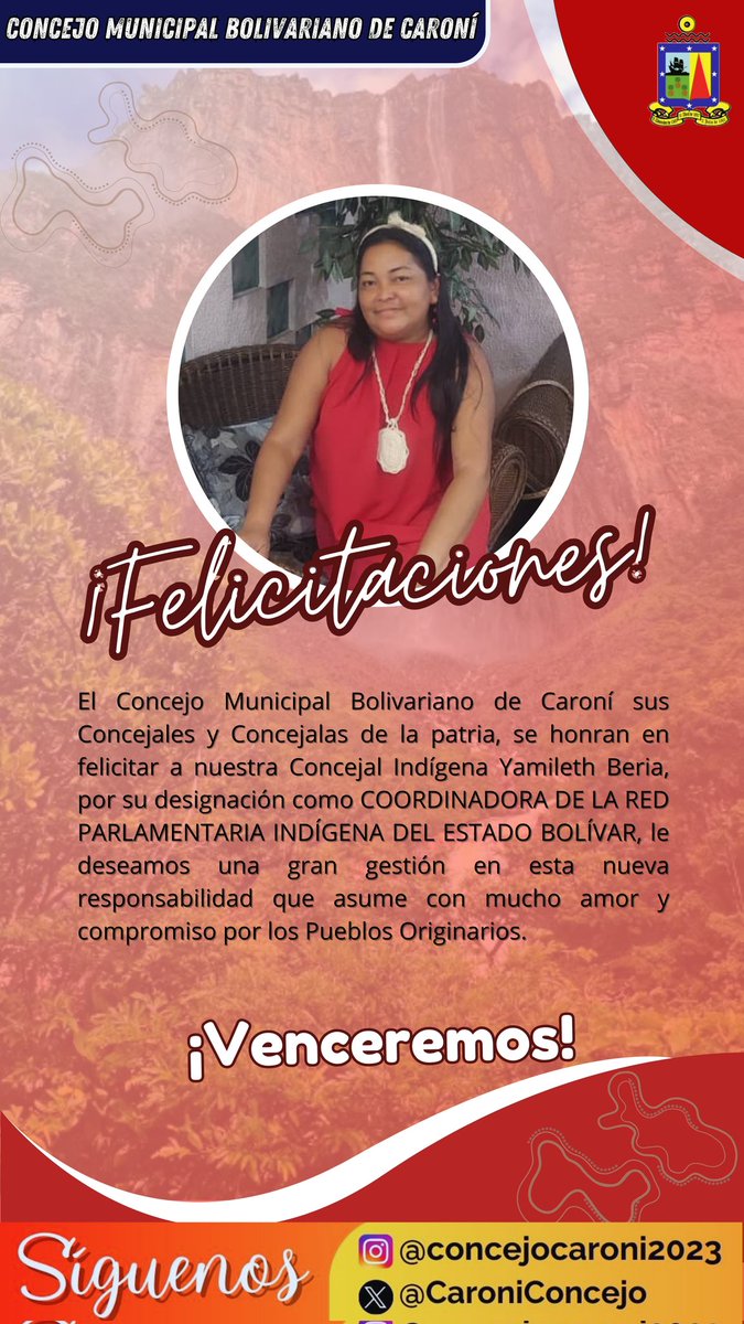 CaroniConcejo's tweet photo. Felicitamos a nuestra Concejal Indígena Yamileth Beria por su designación como COORDINADORA DE LA RED PARLAMENTARIA INDÍGENA DEL ESTADO BOLÍVAR, le deseamos una gran gestión en esta nueva responsabilidad
¡Venceremos!

@NicolasMaduro https://t.co/qKn9m0nPND