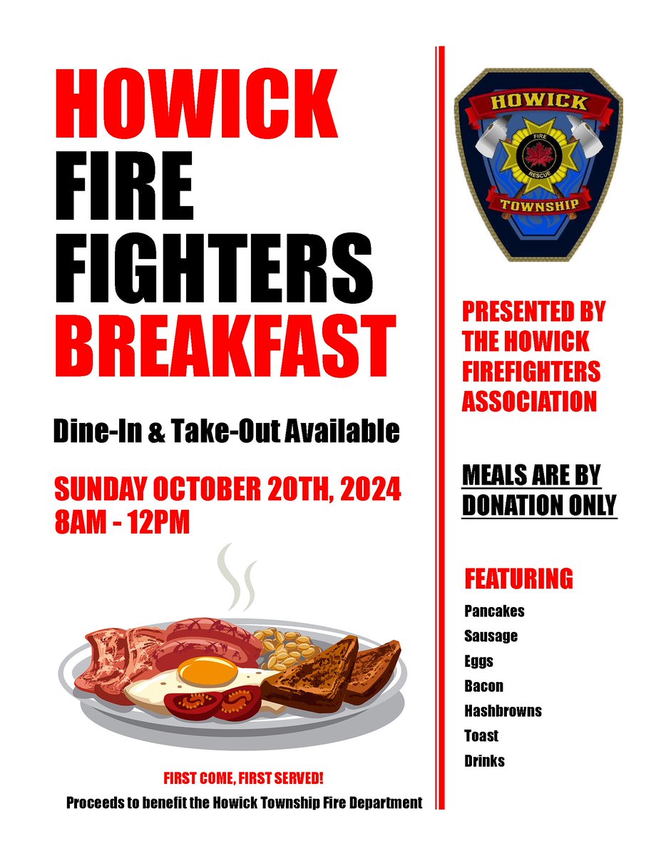 Friendly reminder that our Firefighters Breakfast is THIS SUNDAY! Come join as at the Fire Station between 8-12. Hope to see you there!