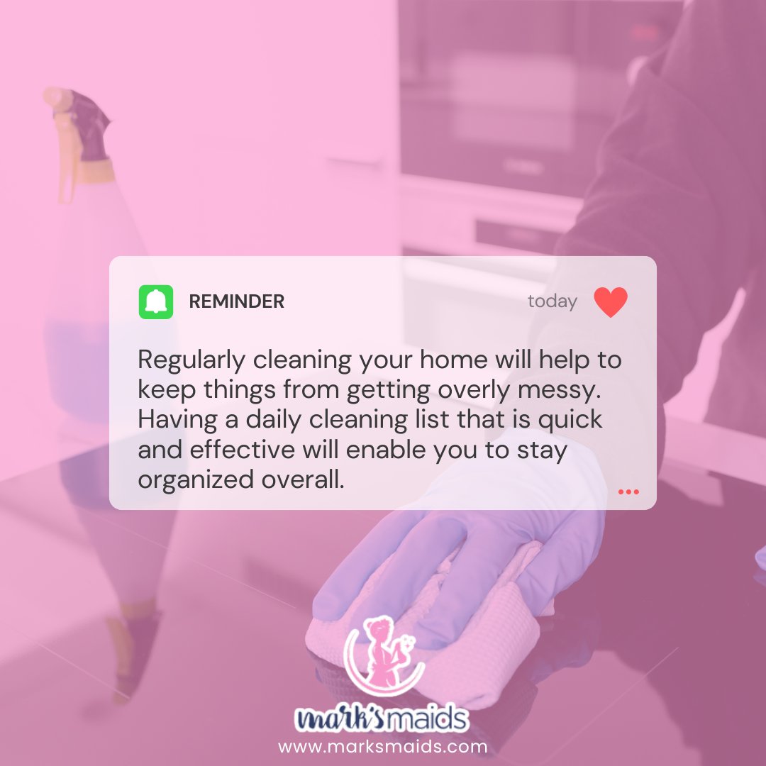 marksmaidsSC's tweet photo. Keep your space sparkling and your mind at ease! 🧹✨ Regular cleaning doesn't have to be a chore with a quick and effective checklist. Prioritize tasks, set a timer, and let the satisfaction of a tidy home boost your mood. #CleanHomeHappyHome https://t.co/i0djwc6TrS