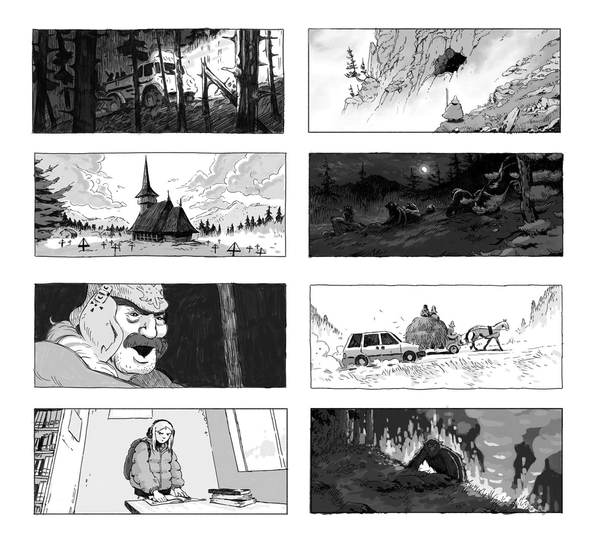 eight storyboards for ochi. we drew 900. partly to plan, partly just to convince the studios to make it.