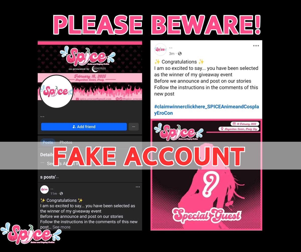 ❗️Please beware of accounts trying to impersonate our page❗️

Our social channels aside are only the following:
Facebook: fb.com/SPICEerocon
IG and X: @ spice_erocon
email: spice.erocon@gmail.com

Thank you to our very kind community for flagging this for us ♥️