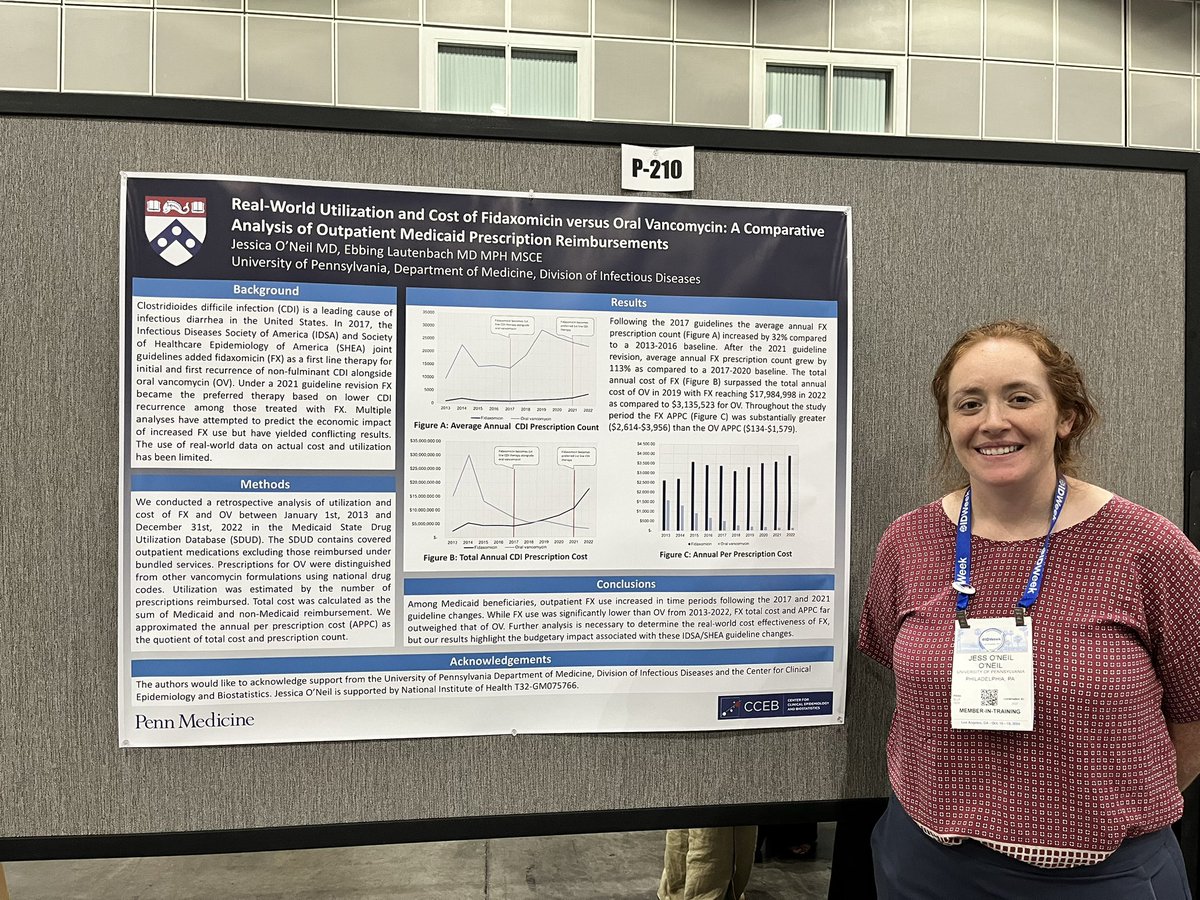 Day 1 of #IDweek2024 Poster Presentations! 
Dr. Jessica O’Neil (3rd yr fellow) presented, “Real-World Utilization and Cost of Fidaxomicin versus Oral Vancomycin: A Comparative Analysis of Outpatient Medicaid Prescription Reimbursements.”