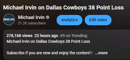 I've been honored to have been working with NFL Hall of Fame Legend, Michael Irvin, on his YouTube and other social media accounts. The video I edited, made thumbnail for and posted, peaked #9 on trending, and most definitely a milestone for me.
