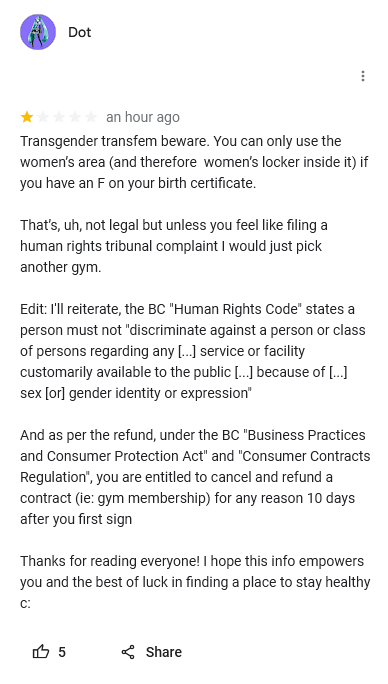 cooldotty_'s tweet photo. Just FYI anyone considering "Dynamic Health and Fitness" in @New_Westminster station the owner is currently going on a transphobic tirade. https://t.co/pJYAMzCJcE