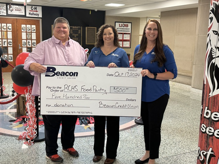 Beacon Credit Union donated $500 to the RCHS food pantry. Today Ms Scanlan accepted the check. Our community is absolutely amazing and this will go right back into our community by helping out families. THANK YOU!!!
