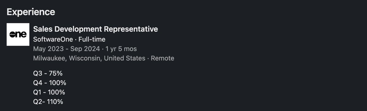 Such a baller move. Dude puts his quota success rates as his job experience for each role.