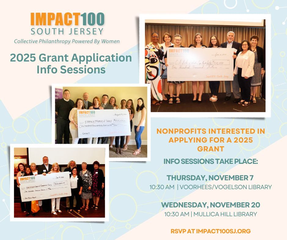 FOR NON-PROFITS IN BURLINGTON, CAMDEN, GLOUCESTER AND CUMBERLAND COUNTIES:  You can now RSVP for one of our Info Sessions for our 2025 Grant Year.  RSVP at impact100sj.org.