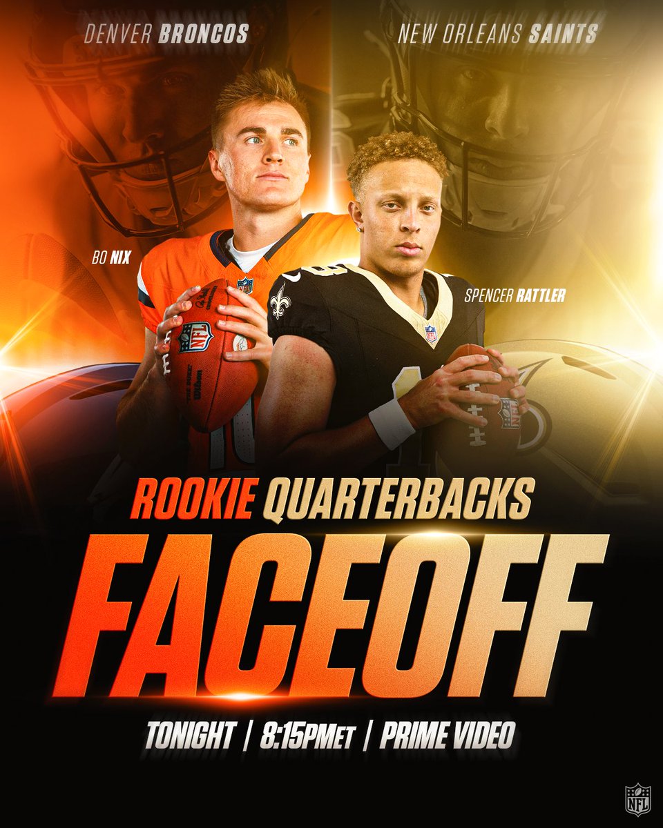 NFL's tweet photo. Which rookie is getting the win tonight?

#DENvsNO 8:15pm ET on Prime Video
Also streaming on #NFLPlus https://t.co/1iMGnY7Fwl